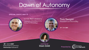 Poster for Dawn of Autonomy with speakers Lt. Col. Matt Limeberry and Tom Swoyer, hosted by Dawn Zoldi, in a pink-purple gradient. Special guest May 13.